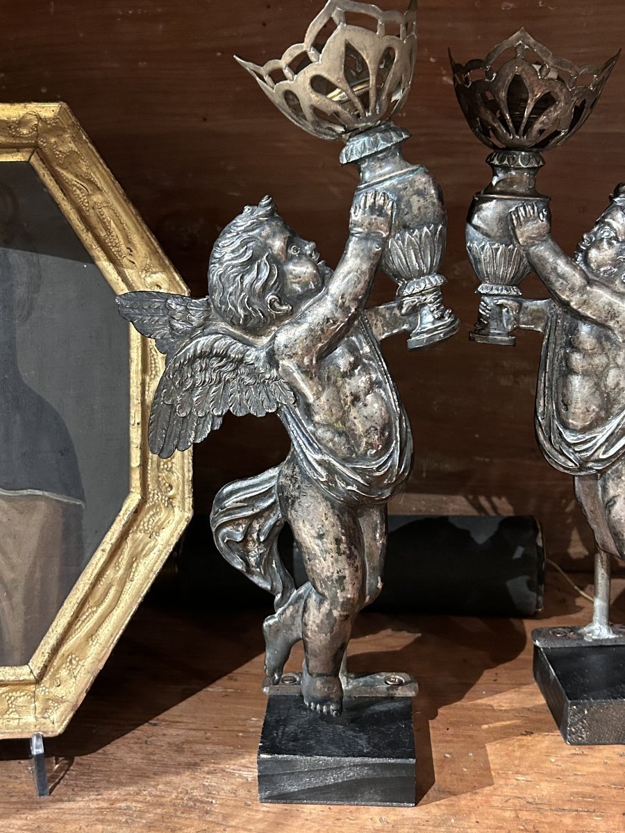 Coppia di putti reggi lume della prima metà dell'Ottocento, Francia.-photo-2
