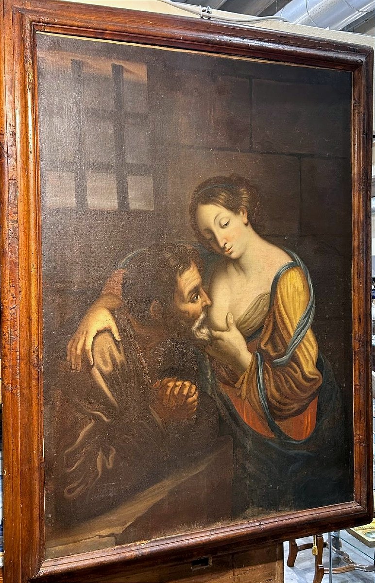 Carità romana ultimo quarto del XVII secolo - grande olio su tela con cornice coeva. (113x152)