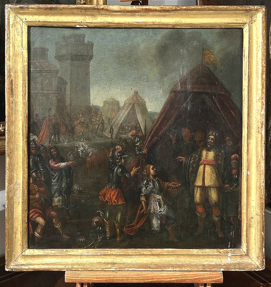 Muzio Scevola, olio su ardesia della prima metà del XVII. ambito di Frans Francken II.