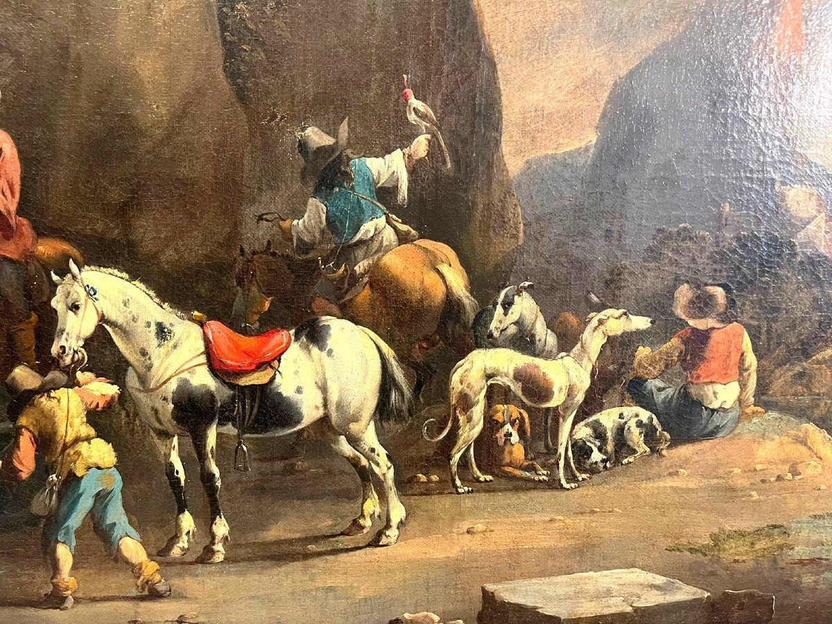 Uscita di caccia con falconiere, firmata dal maestro olandese Simon Van Douw (1630 - 1677)-photo-2