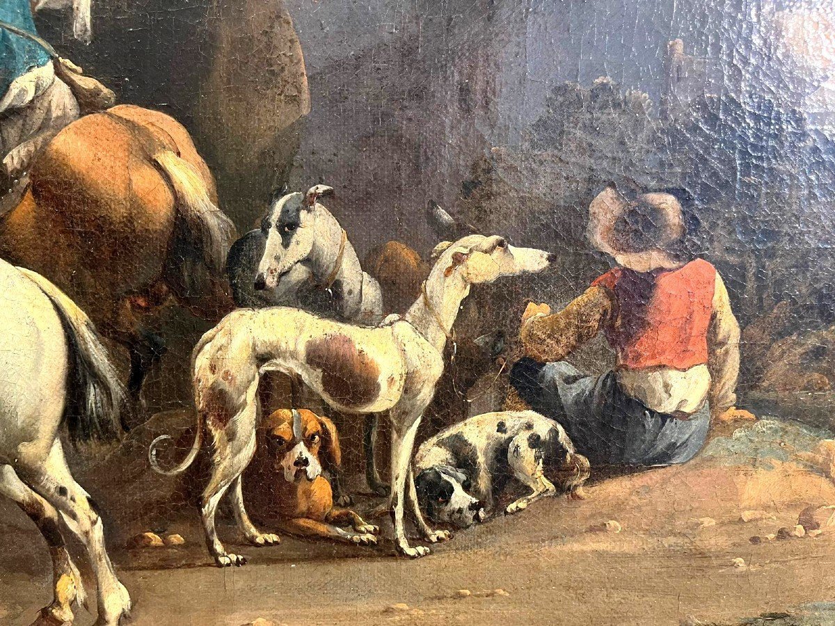 Uscita di caccia con falconiere, firmata dal maestro olandese Simon Van Douw (1630 - 1677)-photo-3
