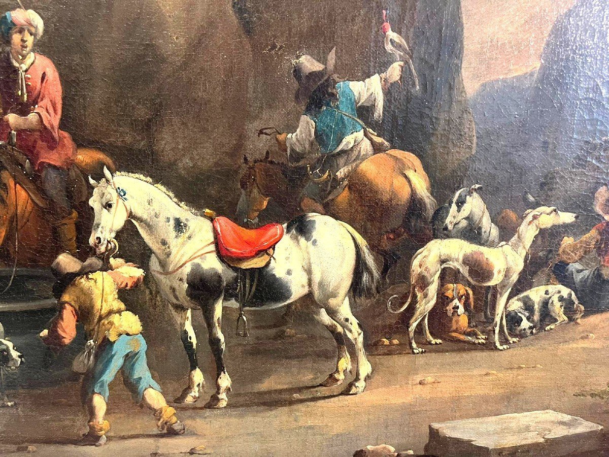 Uscita di caccia con falconiere, firmata dal maestro olandese Simon Van Douw (1630 - 1677)-photo-2