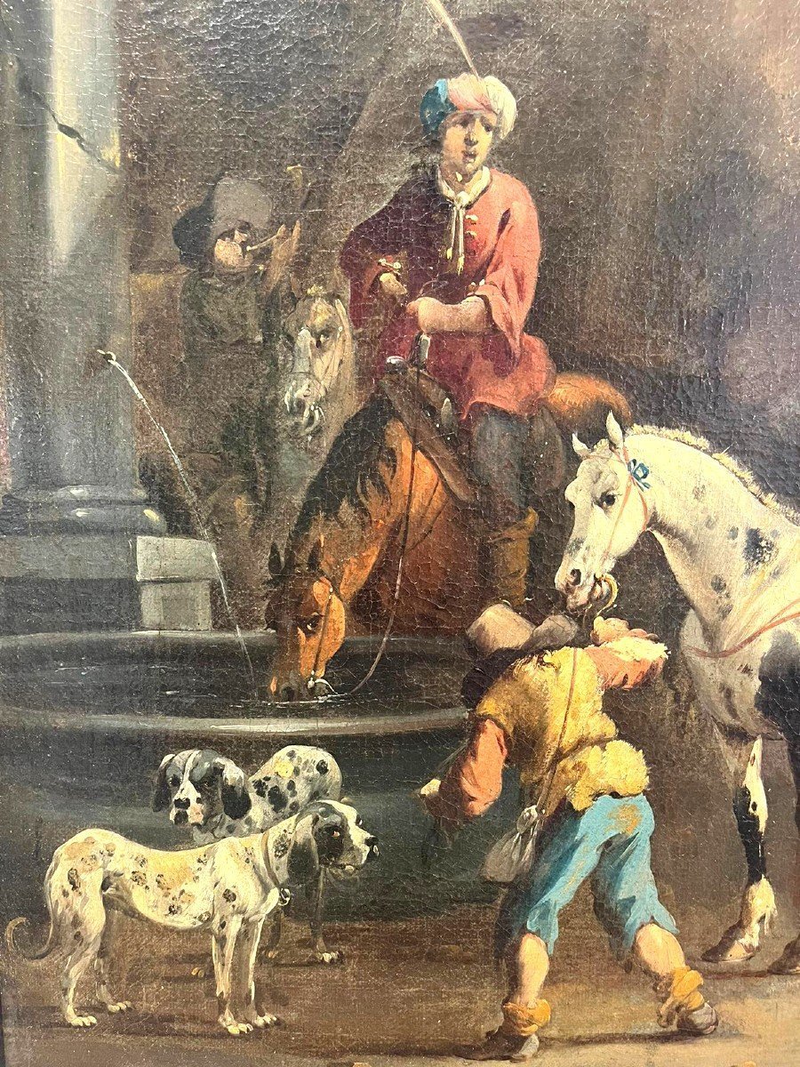 Uscita di caccia con falconiere, firmata dal maestro olandese Simon Van Douw (1630 - 1677)-photo-3