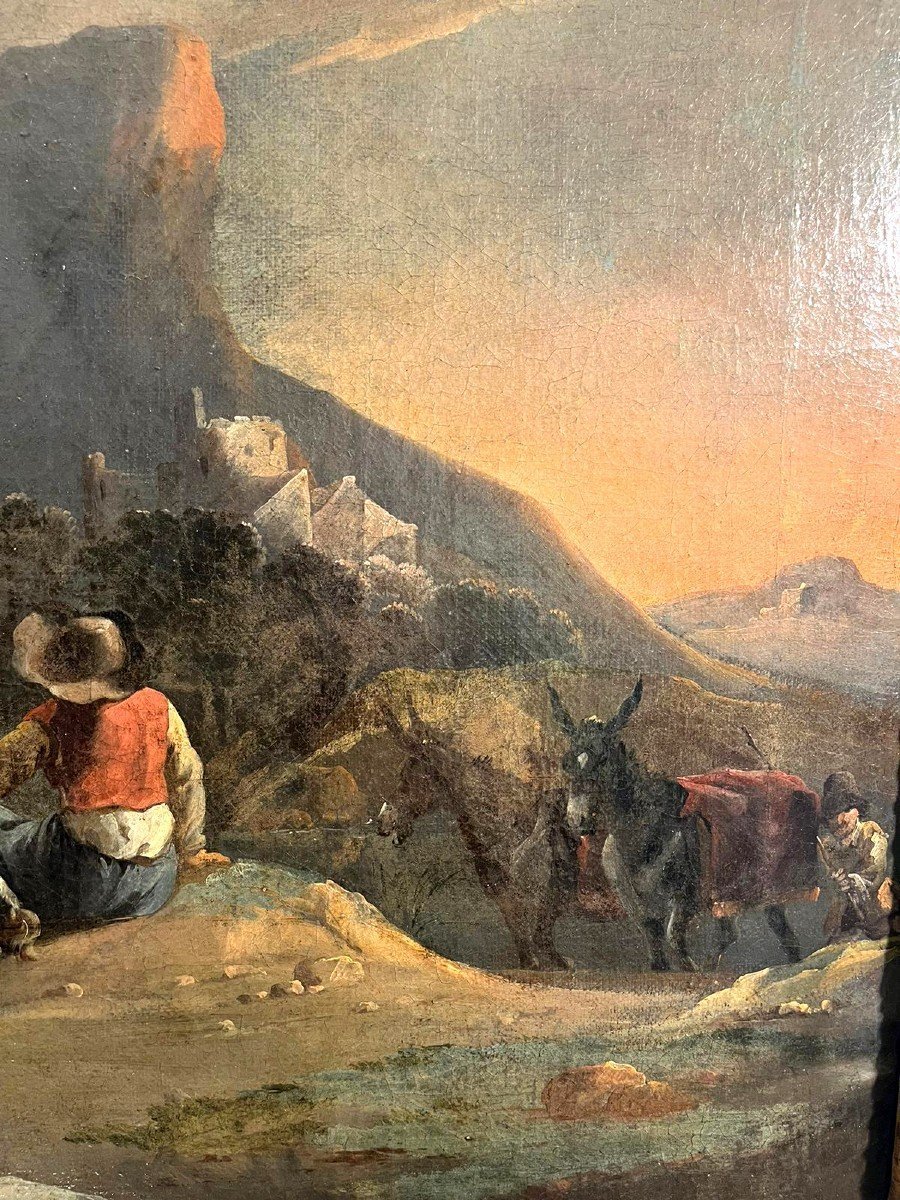Uscita di caccia con falconiere, firmata dal maestro olandese Simon Van Douw (1630 - 1677)-photo-4