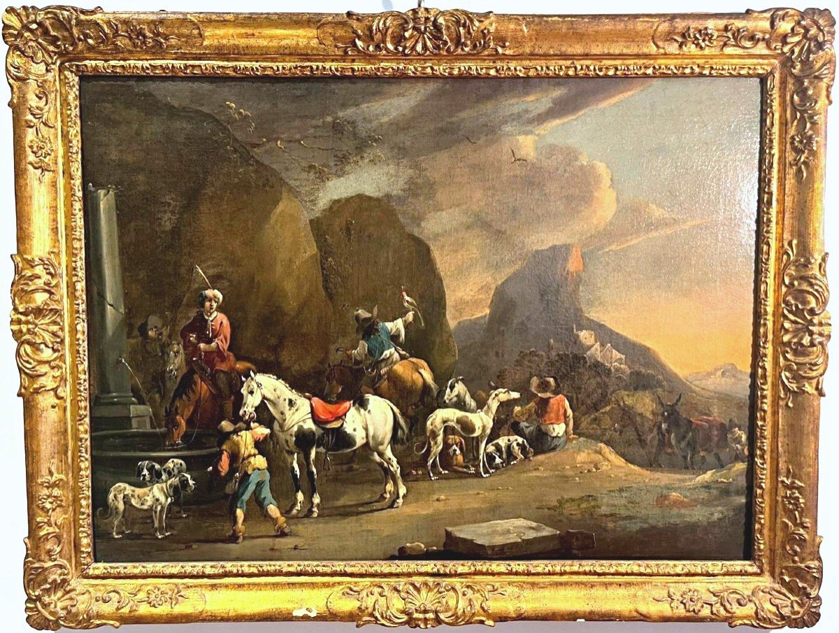 Uscita di caccia con falconiere, firmata dal maestro olandese Simon Van Douw (1630 - 1677)