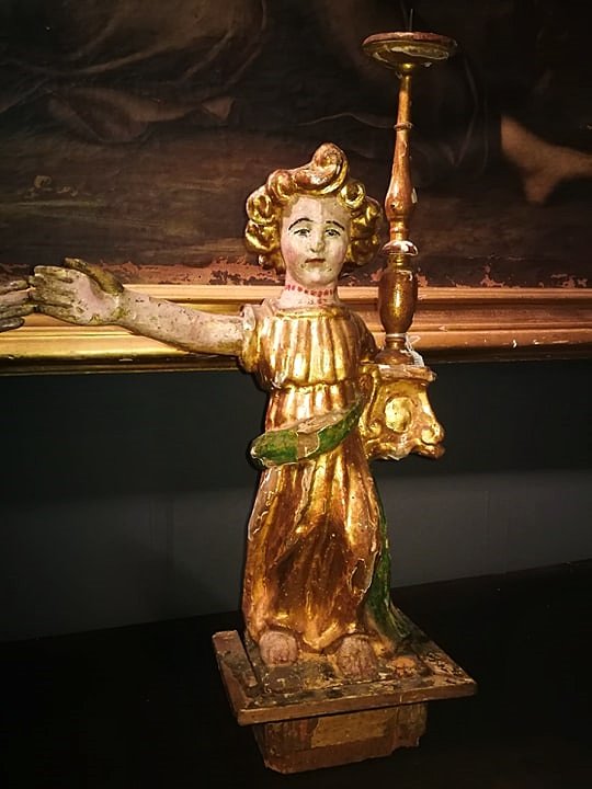 Bougeoir Anges Du XVe Siècle En Bois Doré Et Polychrome. Région Ombrienne. H.63cm-photo-3