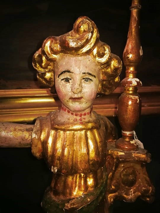 Bougeoir Anges Du XVe Siècle En Bois Doré Et Polychrome. Région Ombrienne. H.63cm-photo-1