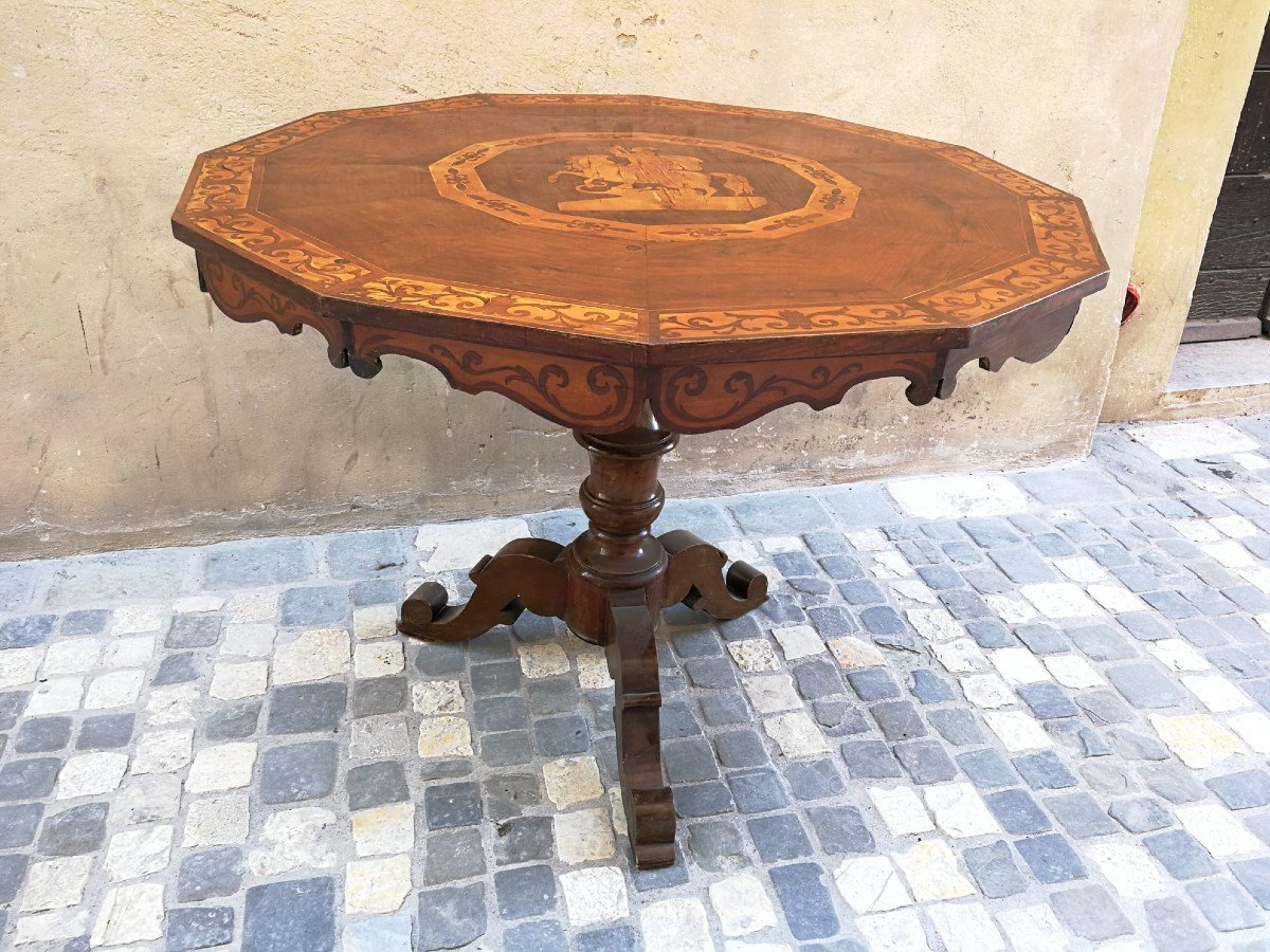 Table Dodécagonale Incrustée d'érable Et Noyer Avec Saint Georges Et Le Dragon, Rome, Debut XIX-photo-3