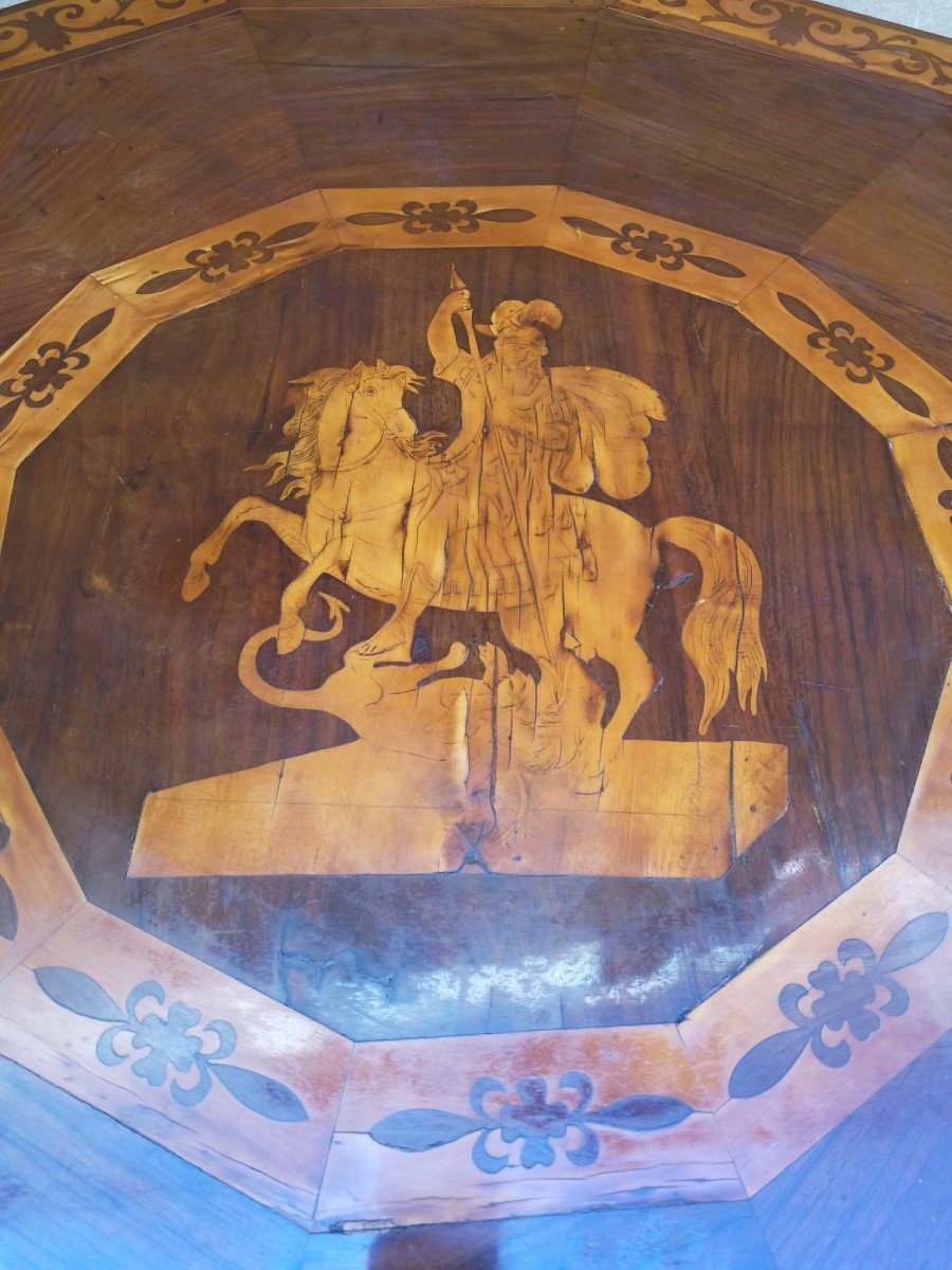 Table Dodécagonale Incrustée d'érable Et Noyer Avec Saint Georges Et Le Dragon, Rome, Debut XIX-photo-4