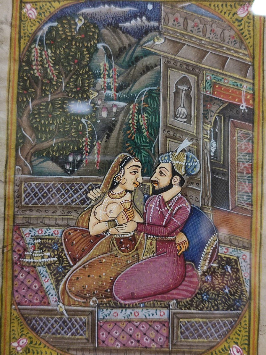 4 illustrazioni miniate dal "seprian", manuale sessuale. Persia o Rajastan, primi dell'ottocento-photo-4