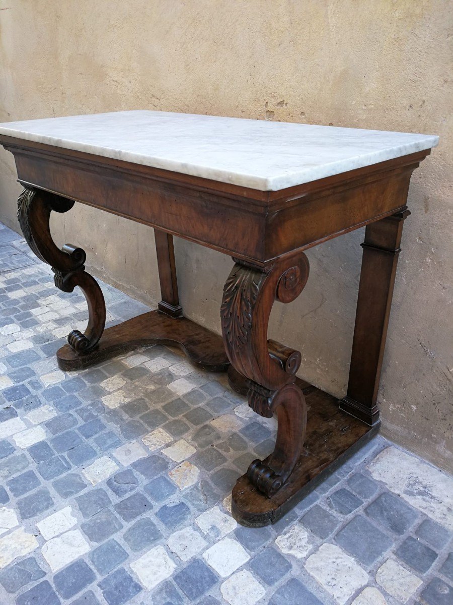 Console d'époque Empire à Pieds Sculptés Et Plateau En Marbre Blanc De Carrare-photo-2