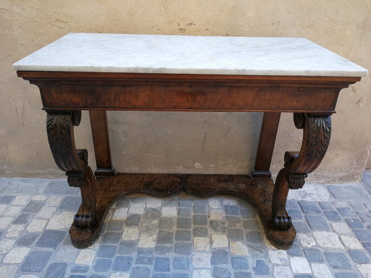 Console d'époque Empire à Pieds Sculptés Et Plateau En Marbre Blanc De Carrare-photo-4