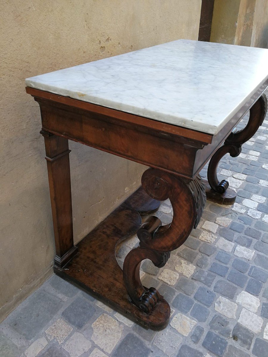 Console d'époque Empire à Pieds Sculptés Et Plateau En Marbre Blanc De Carrare-photo-1