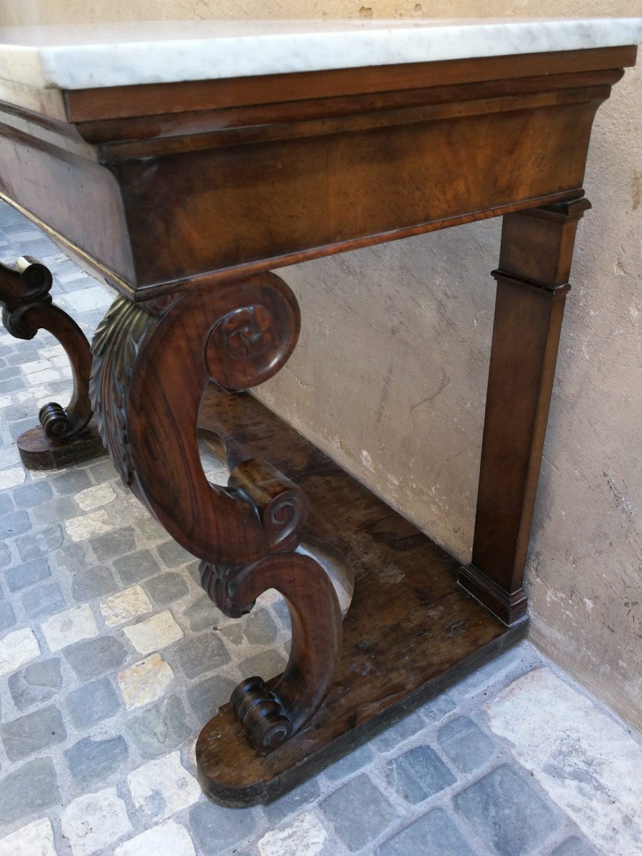 Console d'époque Empire à Pieds Sculptés Et Plateau En Marbre Blanc De Carrare-photo-2