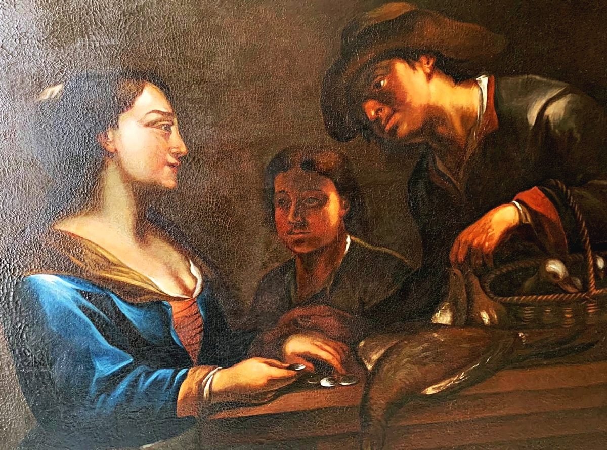 Attr. A Theodoor Rombouts (anvers1597-1637) - Femme Achète nourriture - Huile Sur Toile 112x154-photo-2