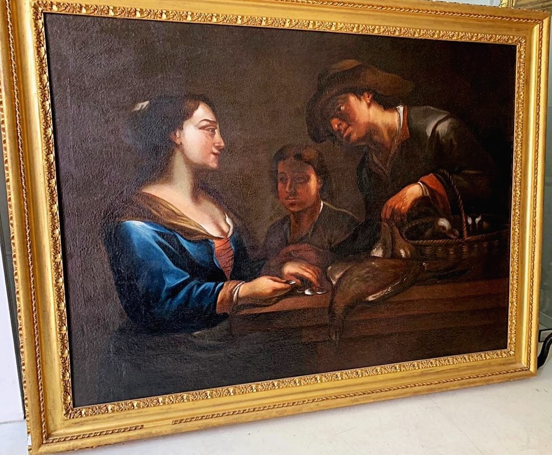 Attr. A Theodoor Rombouts (anvers1597-1637) - Femme Achète nourriture - Huile Sur Toile 112x154-photo-3