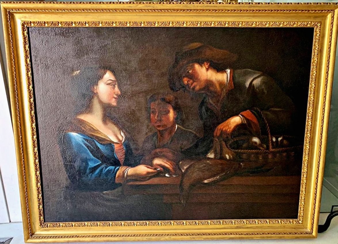 Attr. A Theodoor Rombouts (anvers1597-1637) - Femme Achète nourriture - Huile Sur Toile 112x154