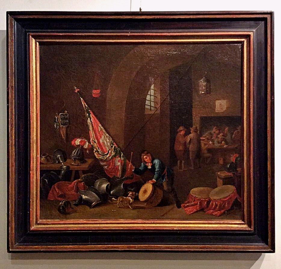 Scène De Taverne Avec Soldats Au Repos Et Enfant Jouant. Ecòle Flamande Moitiè Du XVII Siècle-photo-2