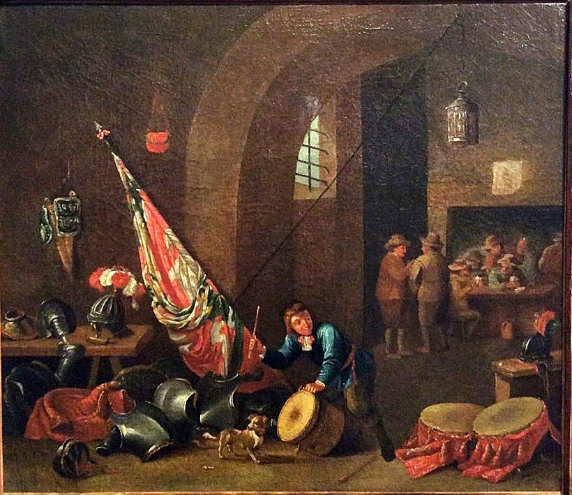 Scène De Taverne Avec Soldats Au Repos Et Enfant Jouant. Ecòle Flamande Moitiè Du XVII Siècle