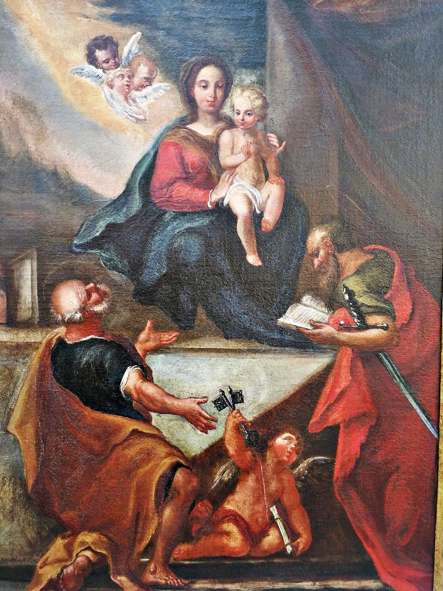 Vierge à l'Enfant Et Saints Pierre Et Paul, Huile Sur Toile Napolitaine Début Du XVIIIs.-photo-3