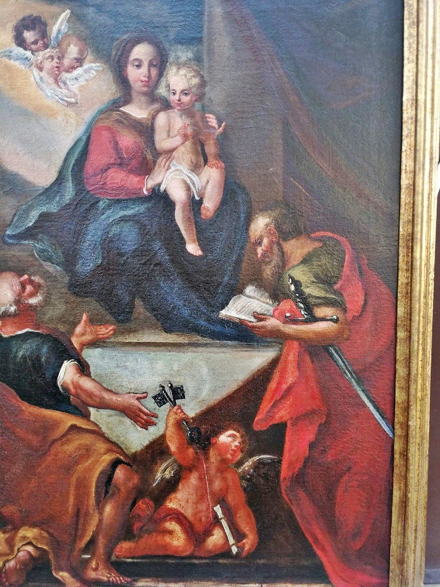Vierge à l'Enfant Et Saints Pierre Et Paul, Huile Sur Toile Napolitaine Début Du XVIIIs.-photo-4