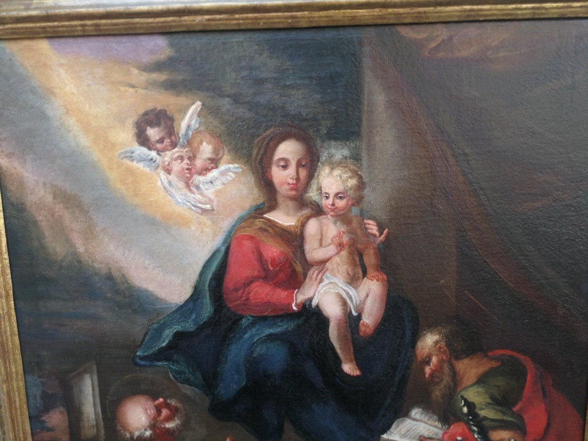 Vierge à l'Enfant Et Saints Pierre Et Paul, Huile Sur Toile Napolitaine Début Du XVIIIs.-photo-1