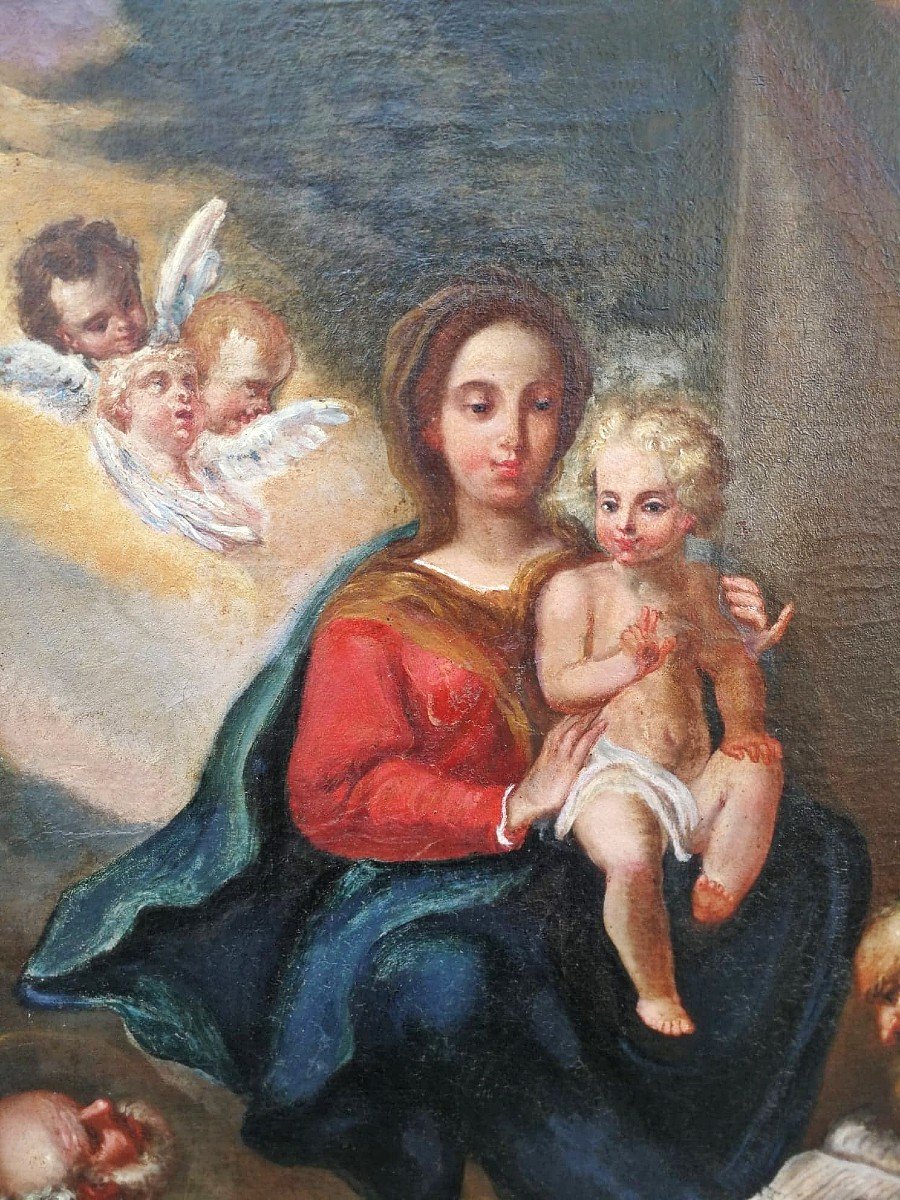 Vierge à l'Enfant Et Saints Pierre Et Paul, Huile Sur Toile Napolitaine Début Du XVIIIs.-photo-2