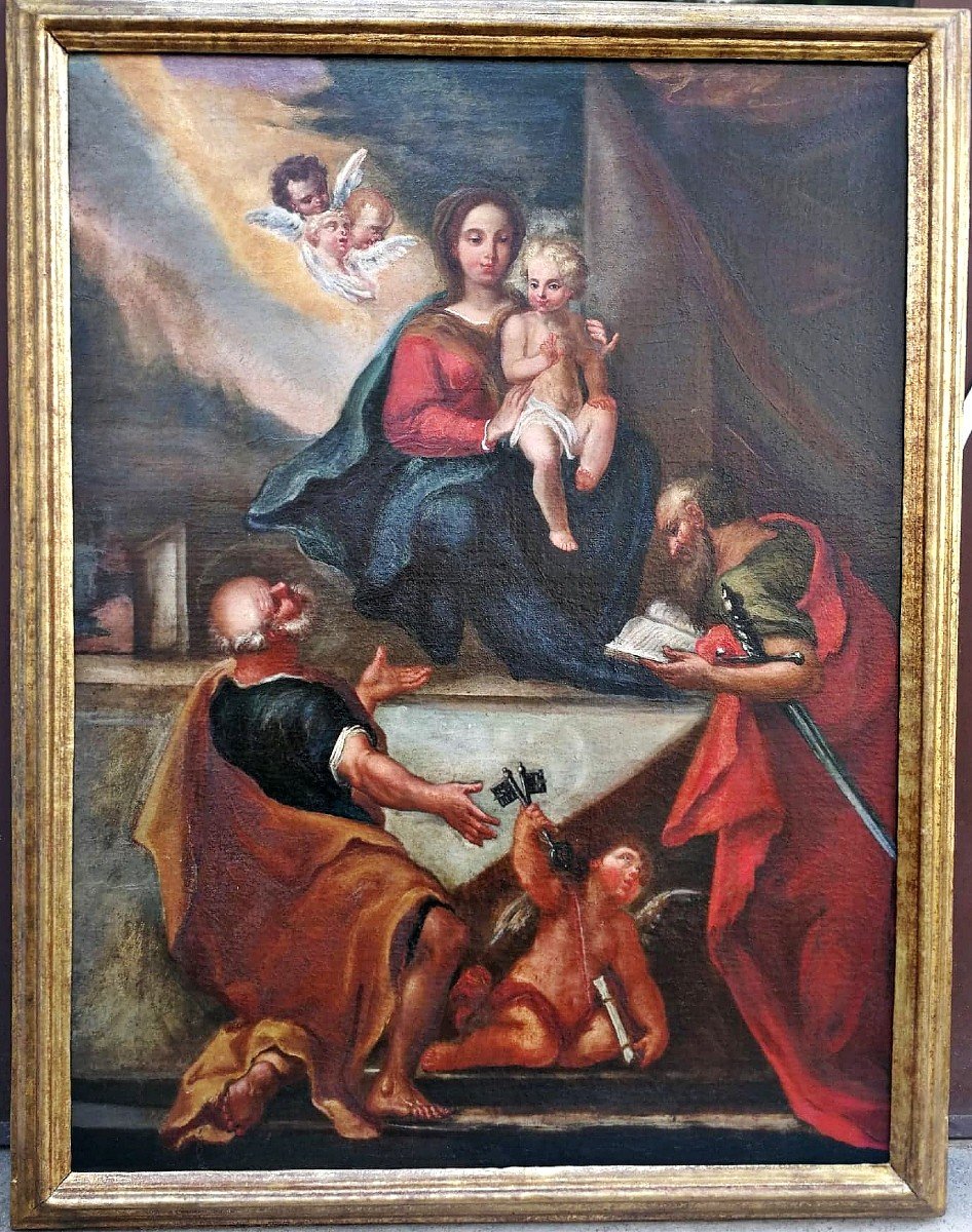 Vierge à l'Enfant Et Saints Pierre Et Paul, Huile Sur Toile Napolitaine Début Du XVIIIs.