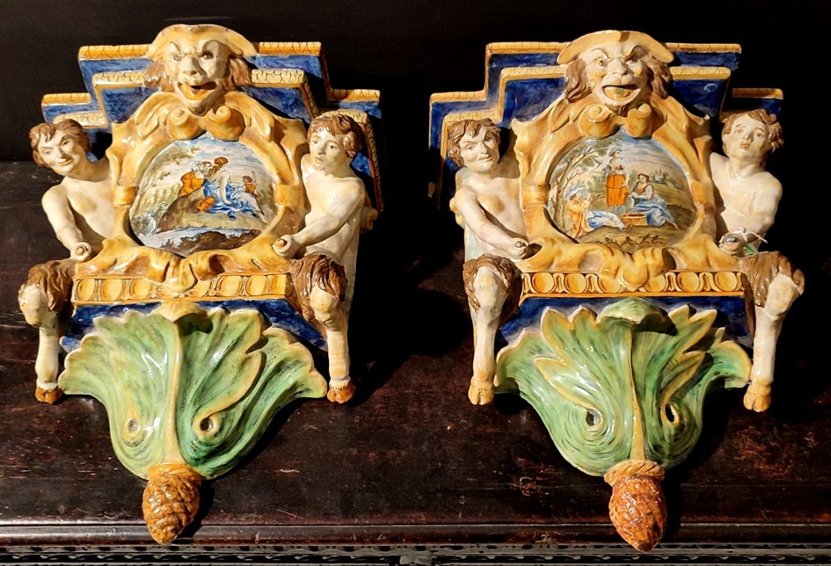 Paire d'étagères En Céramique, Manufacture Battaglia - Naples, Milieu Du XIXe Siècle