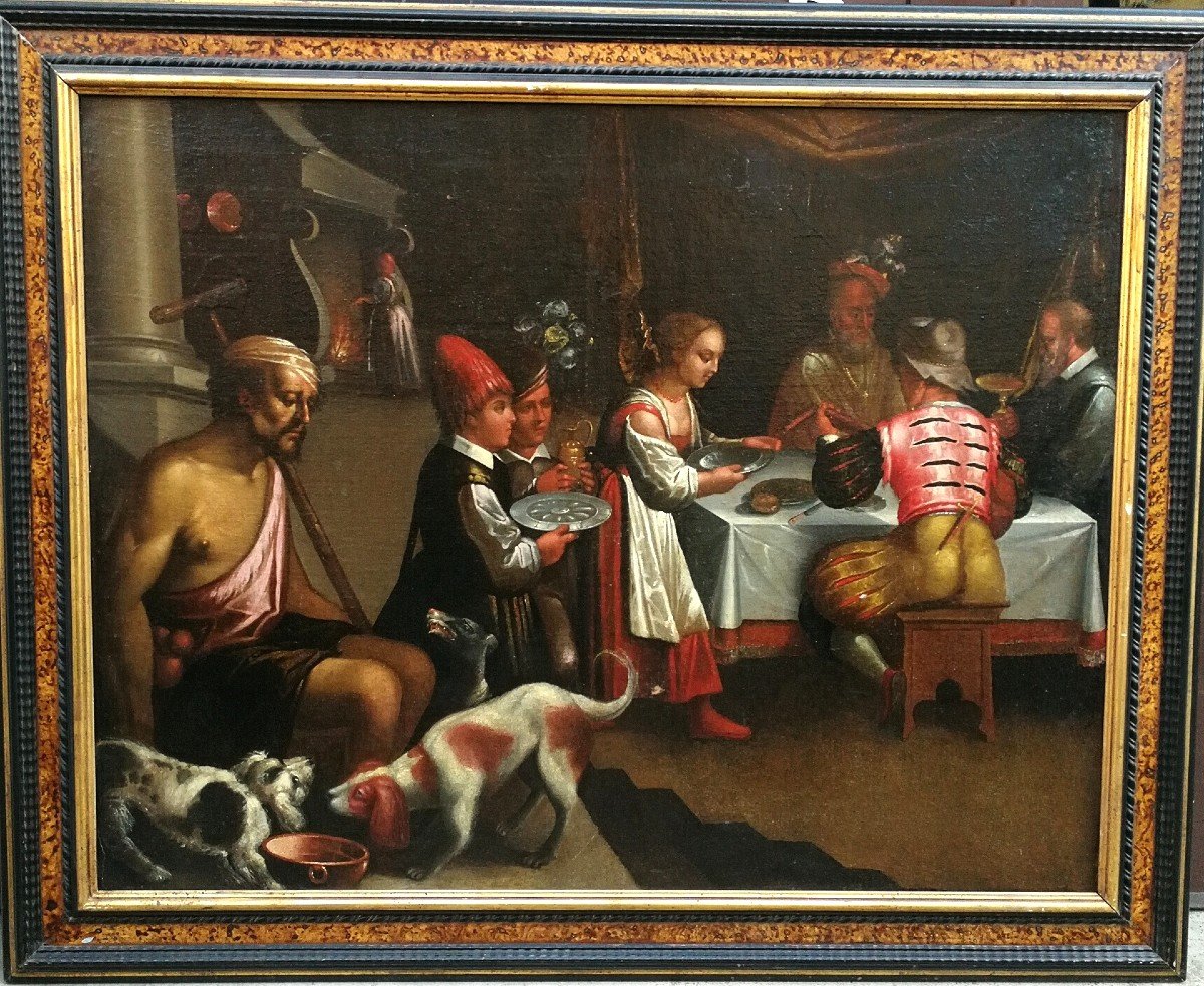 «dîner Avec Le Riche Epulone» Huile Sur Toile Atelier Du Bassano, Dernier Quart Du XVI Siècle-photo-2