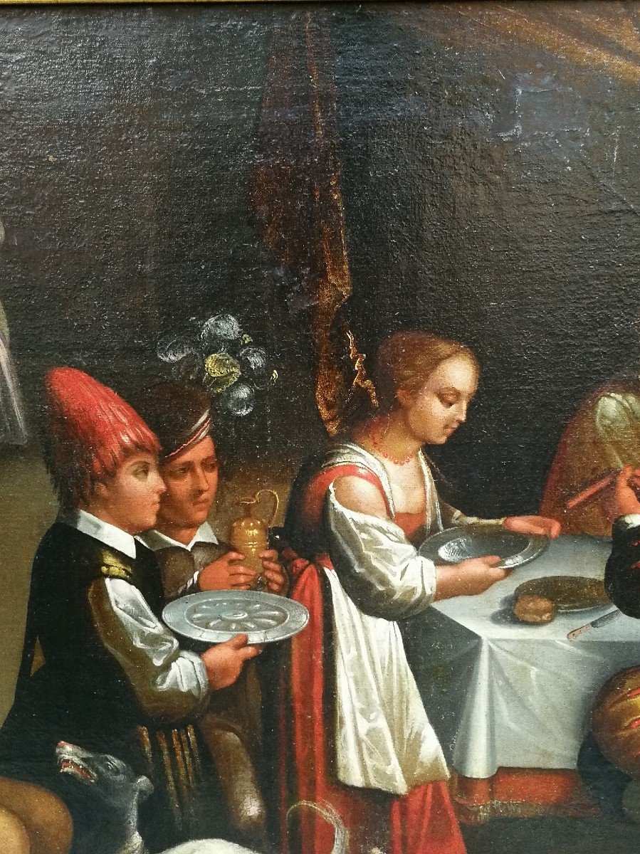 «dîner Avec Le Riche Epulone» Huile Sur Toile Atelier Du Bassano, Dernier Quart Du XVI Siècle-photo-2