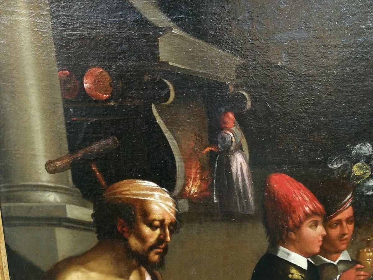 «dîner Avec Le Riche Epulone» Huile Sur Toile Atelier Du Bassano, Dernier Quart Du XVI Siècle-photo-3