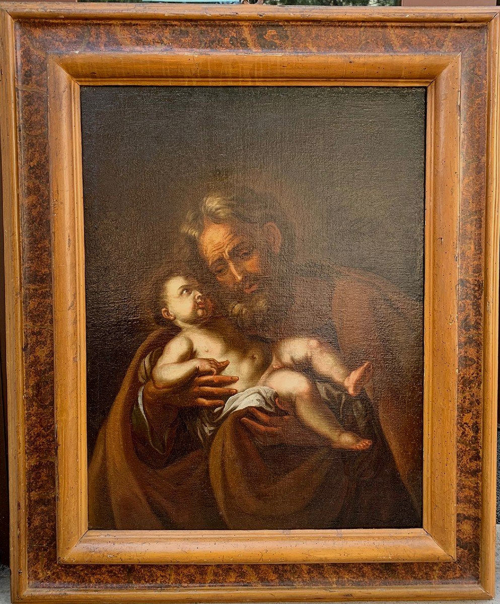 Saint Joseph Avec l'Enfant, Huile Sur Toile Avec Superbe Cadre d'Origine. Fin XVII Siècle