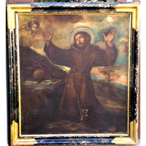 San Francesco in estasi, olio su tela della prima metà del seicento su cornice coeva.