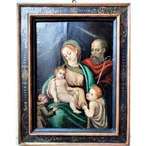 Dipinto su tavola del XVI secolo Madonna con bambino, san Romualdo e frate francescano.