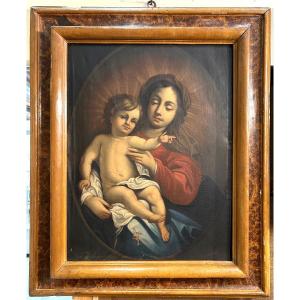 Grande Madonna con bambino di ambito emiliano del seicento in prima tela e cornice coeva 