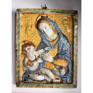 Madonna con bambino, antica placca in ceramica policroma di Deruta della metà del XVII secolo