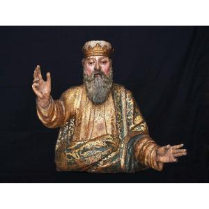 Scultura di santo in legno policromo e ricca decorazione ''Estofado de Oro'' 1a metà del XVIs.