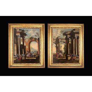 Alberto Carlieri - Coppia di capricci architettonici con scene bibliche e cornici romane coeve 