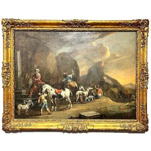 Uscita di caccia con falconiere, firmata dal maestro olandese Simon Van Douw (1630 - 1677)