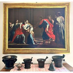 Ester e Assuero - Olio su tela della 2a metà del XVII secolo. Cornice romana sabbiata coeva.