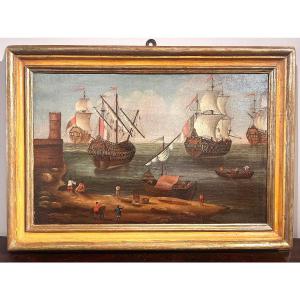 Interessante marina con personaggi e galeoni con cornice coeva. Centro-Italia fine del '600, pr