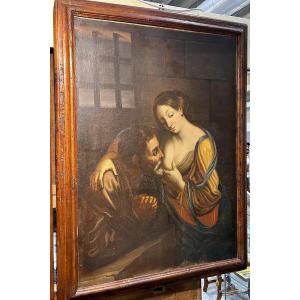 Carità romana ultimo quarto del XVII secolo - grande olio su tela con cornice coeva. (113x152)