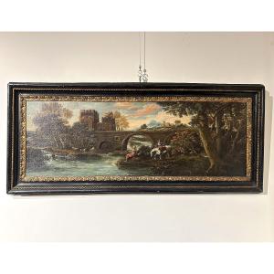 Sovrapporta dipinto ad olio su tela raff. viandanti a pesca presso ponte Mammolo, fine XVII sec