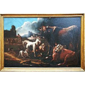 Paesaggio con scena agreste su cornice coeva attr.le a Peter Ross detto Rosa da Tivoli 