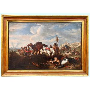 "Ritiro dalla Battaglia", olio su tela dei primi del XVIIIsecolo con cornice coeva.