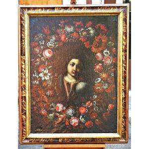 Salvator Mundi entro ghirlanda di fiori, dipinto a due mani di ambito umbro-laziale.