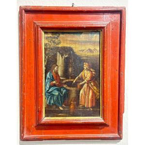 ''Samaritana al pozzo'', olio su tavola prima metà del XVII s. su cornice coeva in lacca rossa.