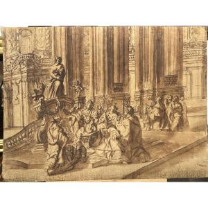 Disegno preparatorio ad inchiostro su carta. Quadraturista settentrionale del XVIII secolo.