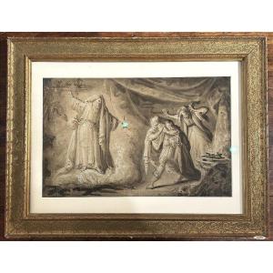 Saul e la strega di Endor, inchiostro e biacca su carta. Artista nordico del XVII secolo.